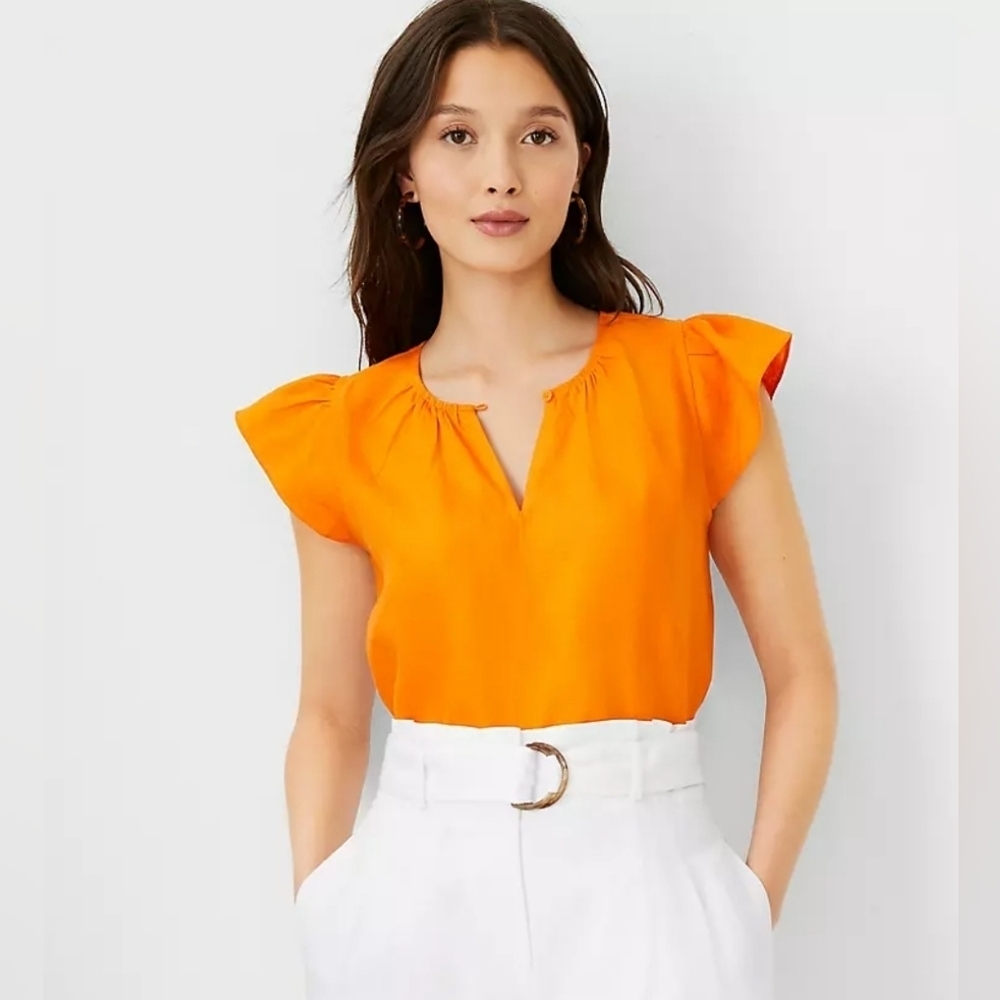 Ann Taylor Pure Linen Flutter Sleeve Breathable lightweight Top Orange Size XL‎